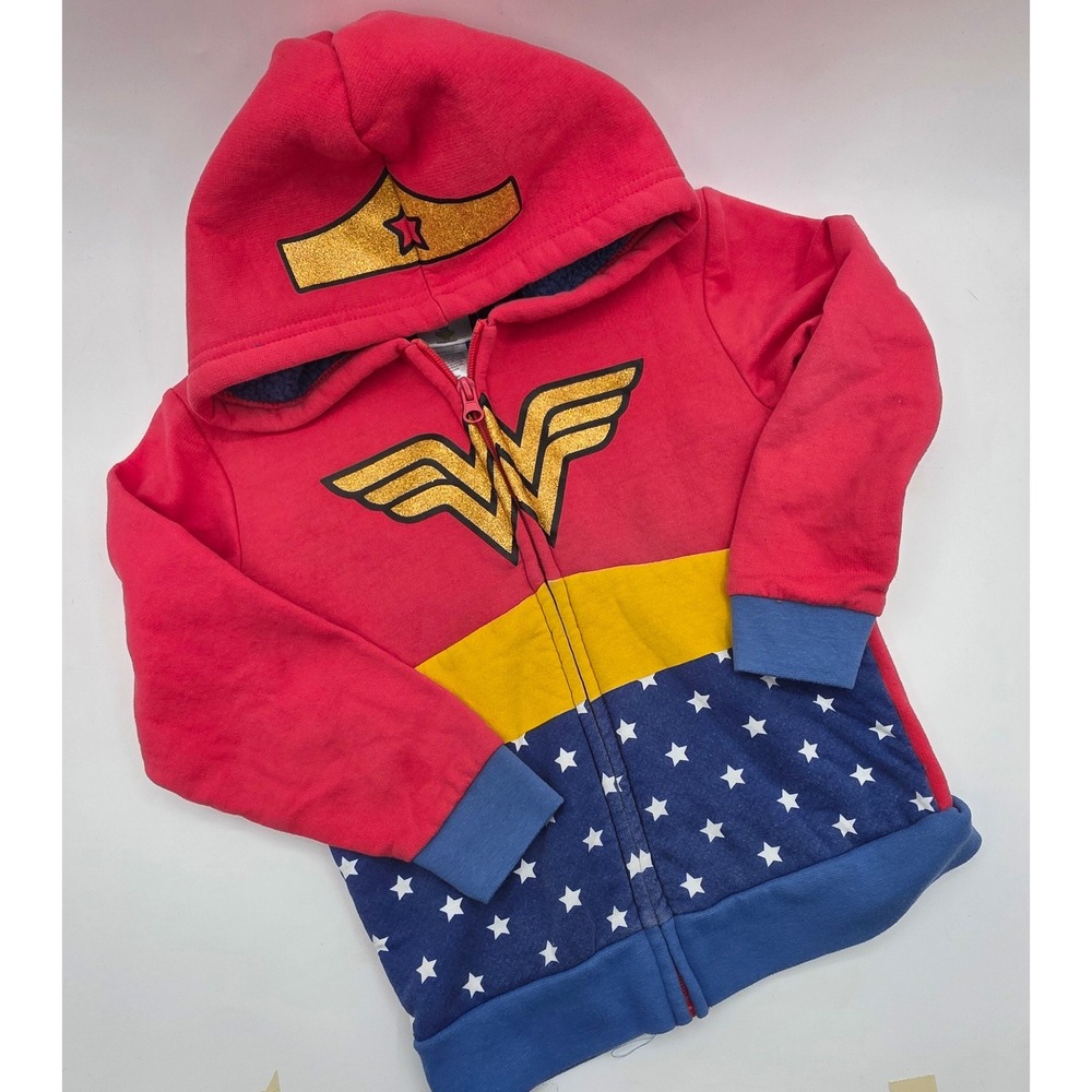 DC Wonder Woman Girls 5T Zip Up Sherpa Lined Hoodie Red Blue Gold Glitter Star